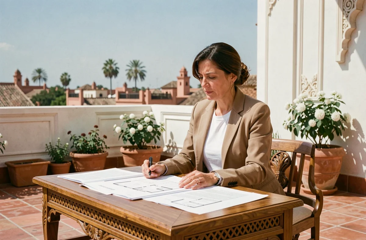 Femme investisseuse étudiant des documents immobiliers sur la terrasse d'un petit riad à vendre à Marrakech avec vue sur les toits de la ville