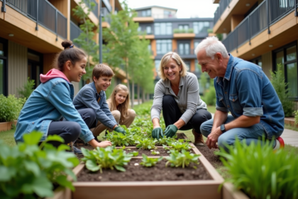 Groupe multigenerations dans un jardin communautaire en ville