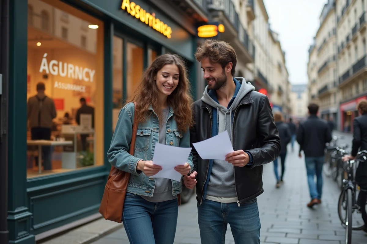 Jeune couple français discutant assurance en ville