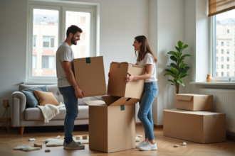 Jeune couple déballant des cartons dans un salon moderne
