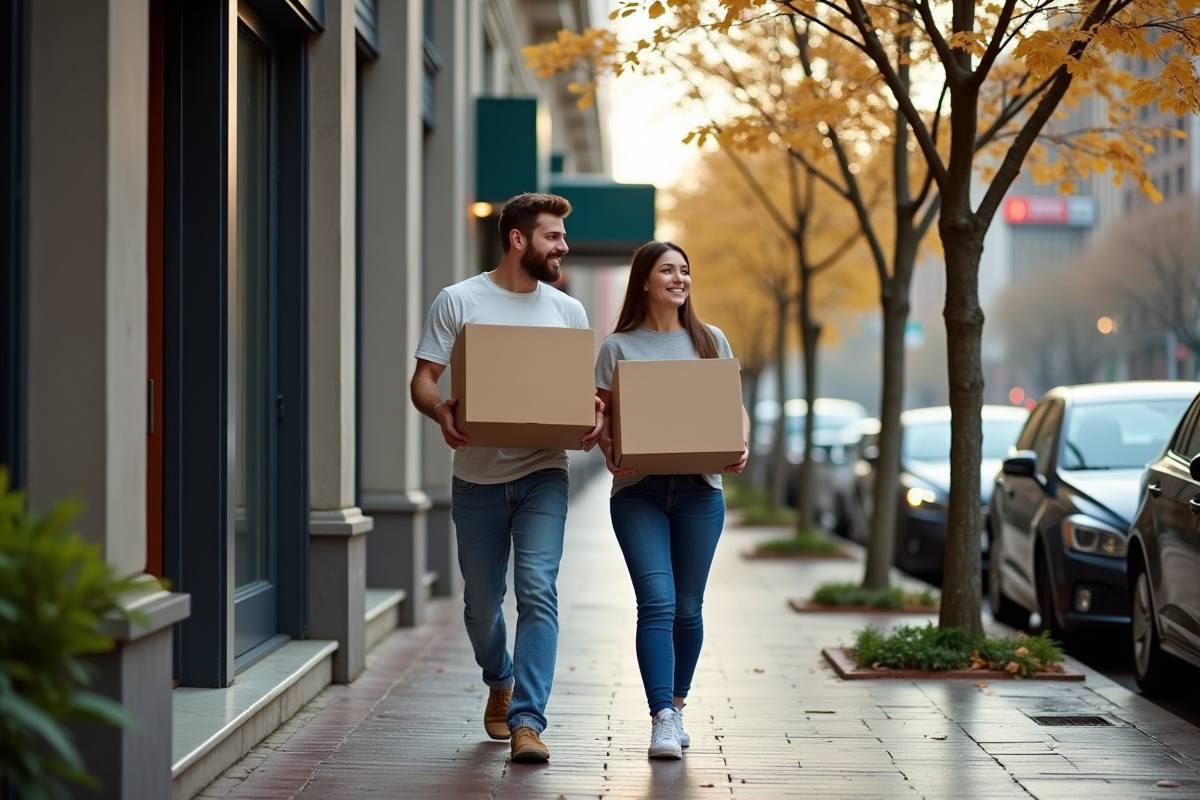Jeune couple souriant sortant de leur appartement en déménagement