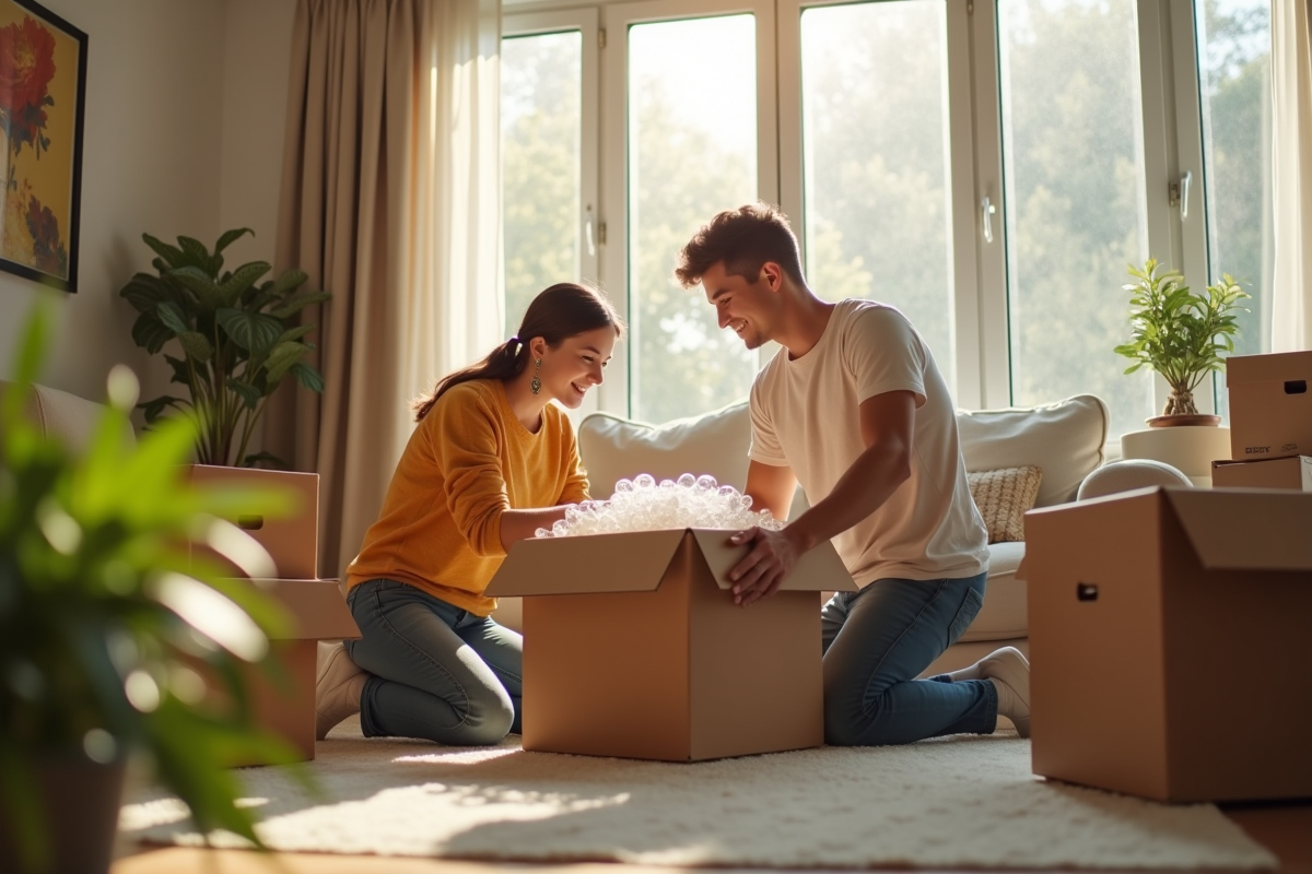 Jeune couple emballant des cartons dans un salon lumineux et cosy