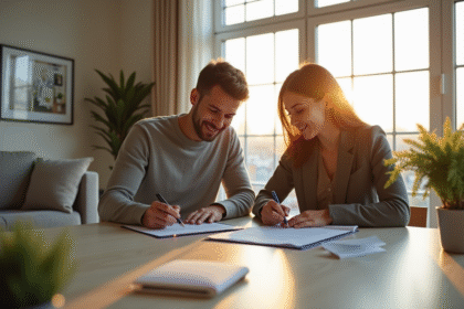 Jeune couple signant un contrat de location dans un appartement lumineux