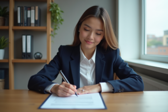 Jeune femme d'affaires signant des papiers dans un bureau moderne