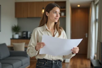 Jeune femme examinant un plan d'appartement T2 avec salon et chambre séparée visibles en arrière-plan
