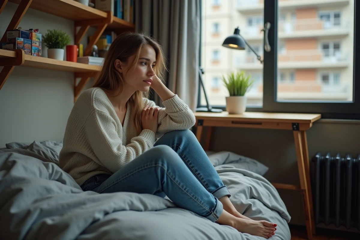 Jeune femme pensant dans une petite chambre urbaine