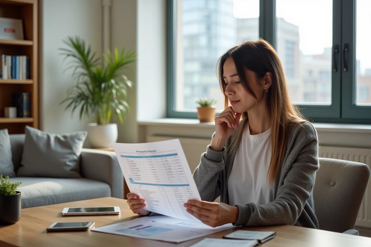 Jeune femme examinant une estimation immobilière dans un salon lumineux