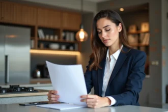 Jeune femme professionnelle à Lyon examine des documents de location