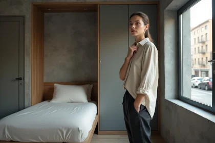 Jeune femme évaluant un studio compact d'environ 20m² avec lit escamotable et kitchenette grise dans un immeuble urbain