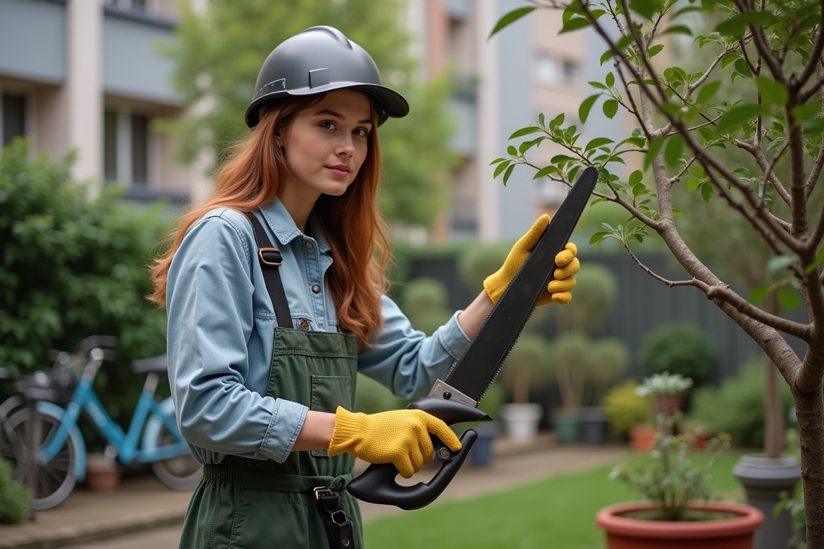 Jeune femme taillant un arbre dans une cour urbaine