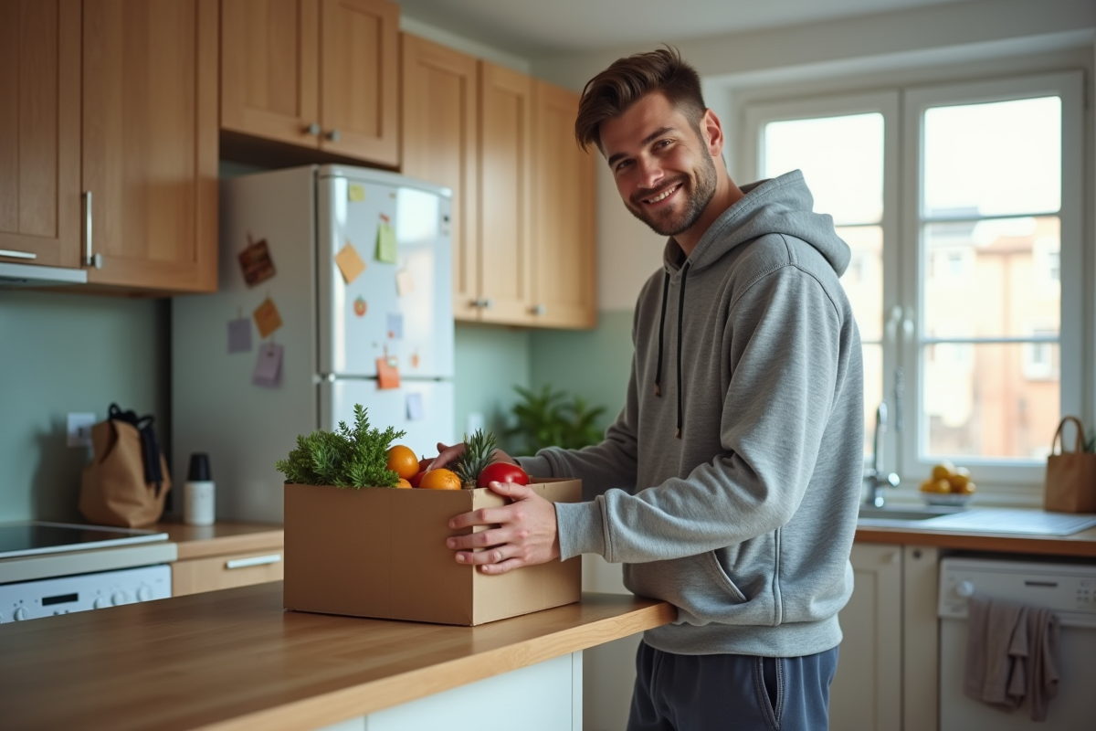 Jeune homme déballant des courses dans la cuisine