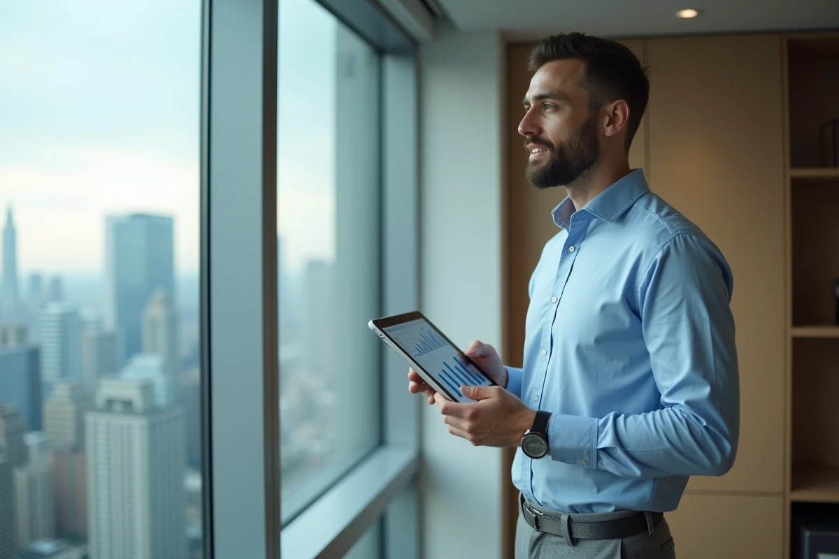 Jeune homme avec tablette dans un bureau moderne