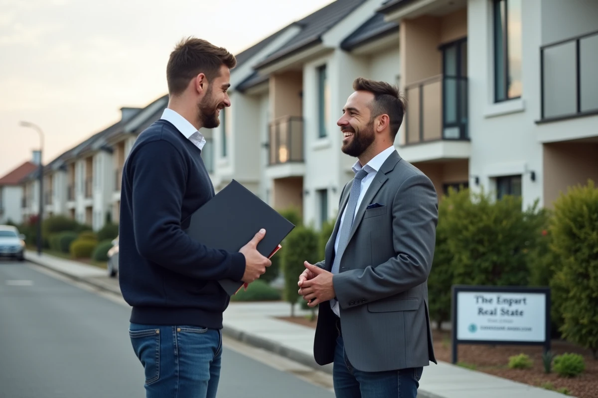 Jeune homme devant un bâtiment neuf avec un professionnel