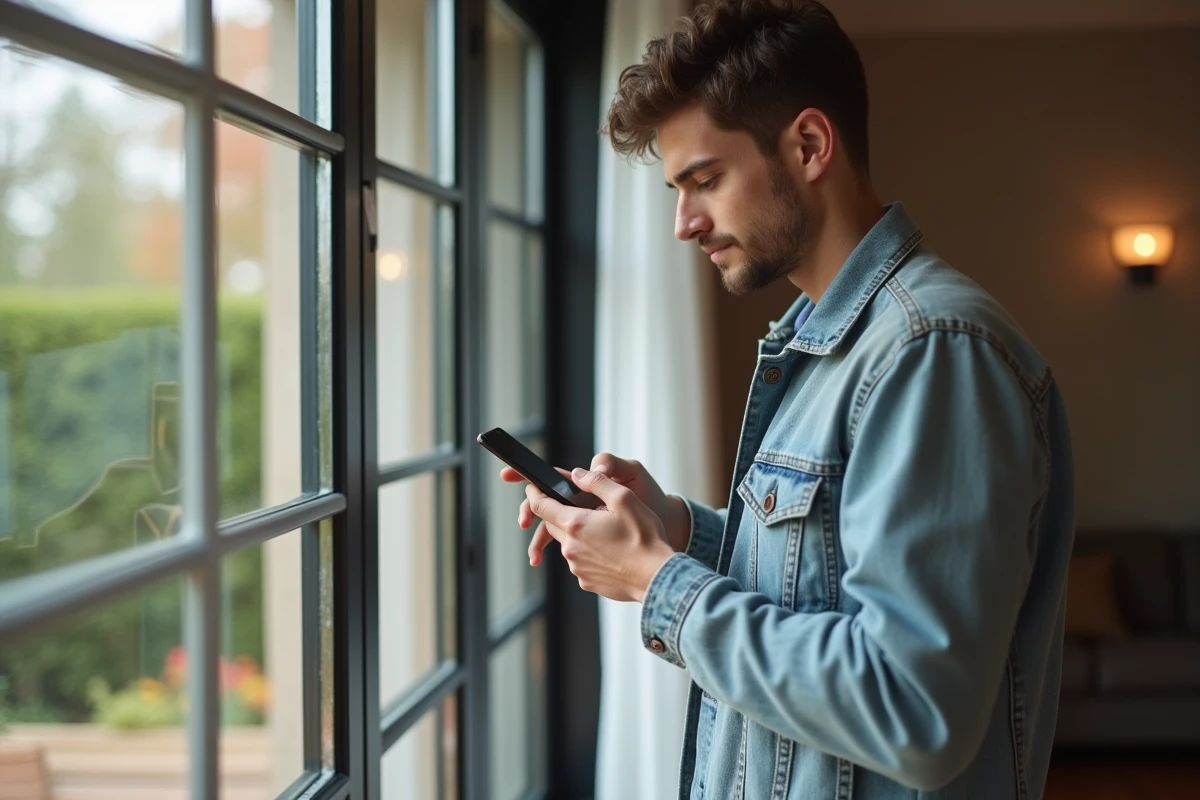 Jeune homme vérifiant la caméra de sécurité avec son smartphone