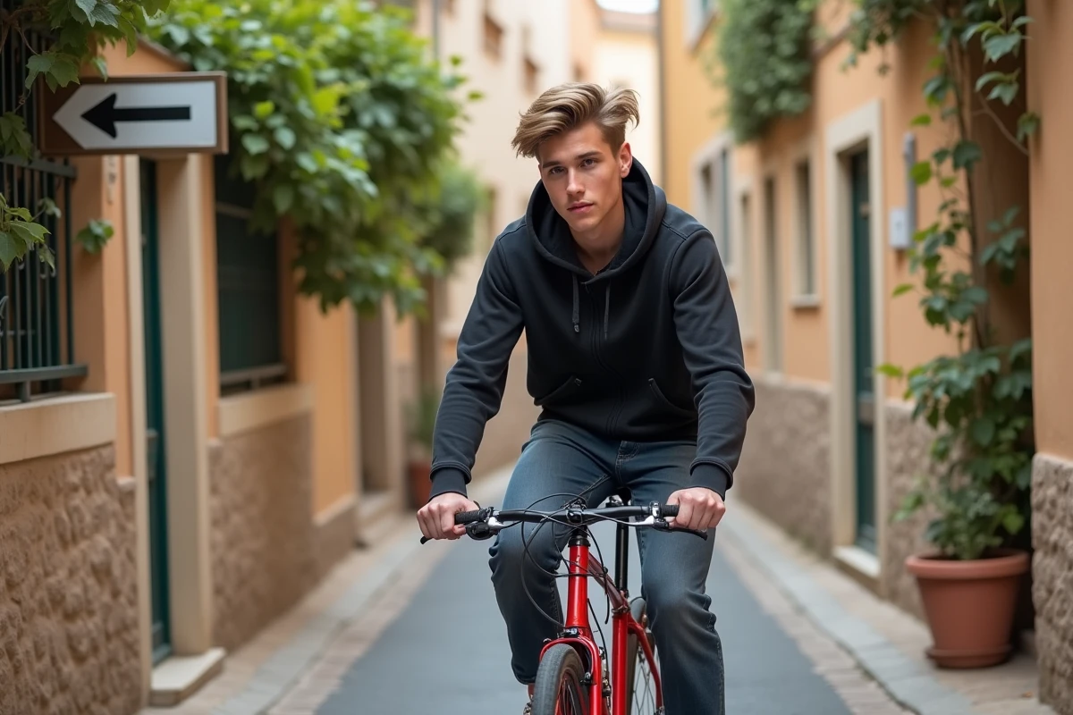 Jeune homme à vélo rouge dans l