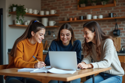 Jeunes adultes autour d'une table à faire des devoirs