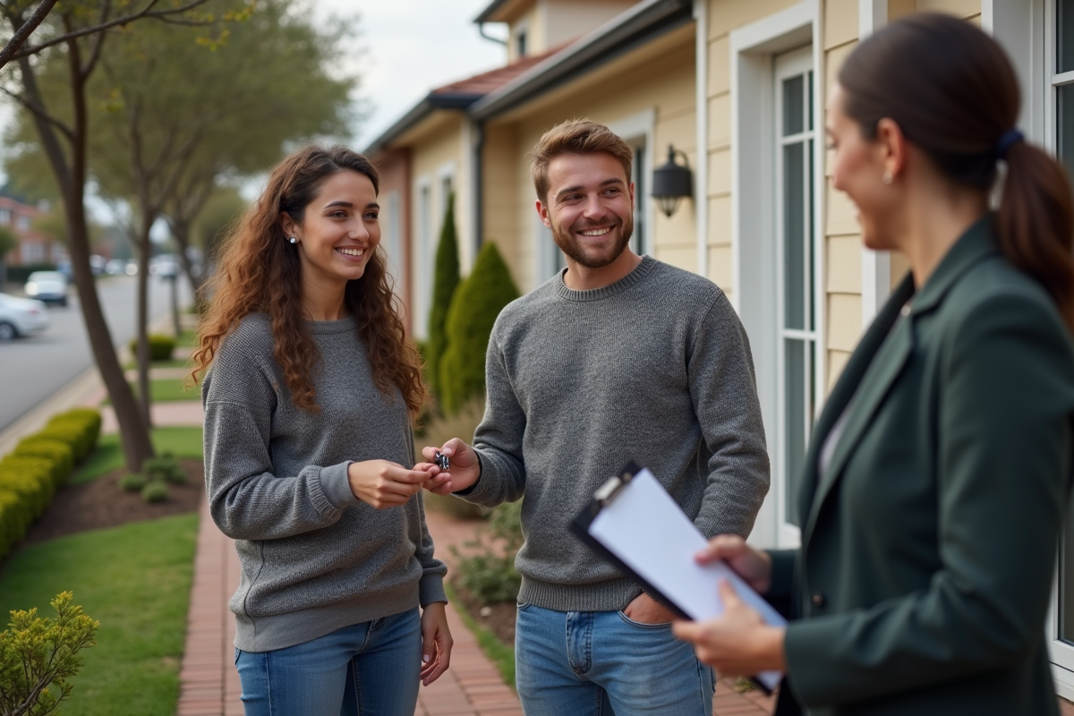 Jeune couple remettant les clés à un agent immobilier devant une maison