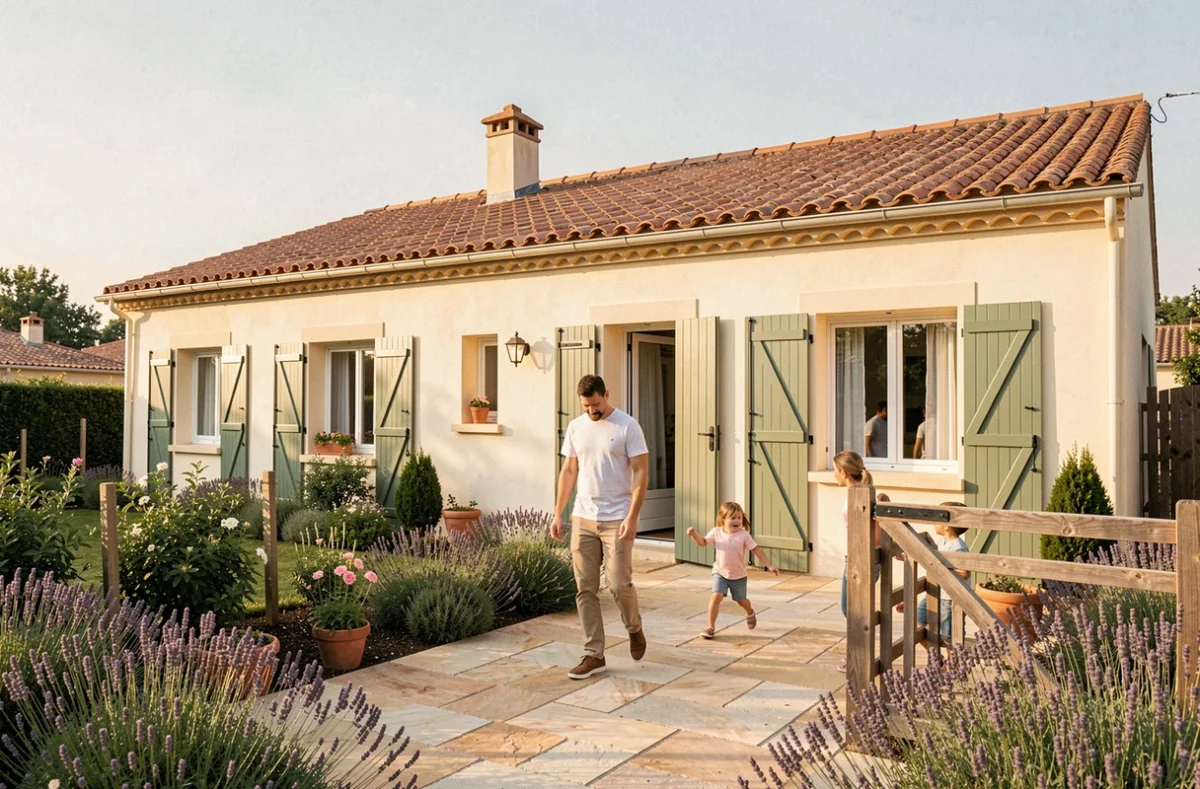 Maison individuelle Kaufman & Broad de style provençal avec jardin et volets verts dans un lotissement en Provence