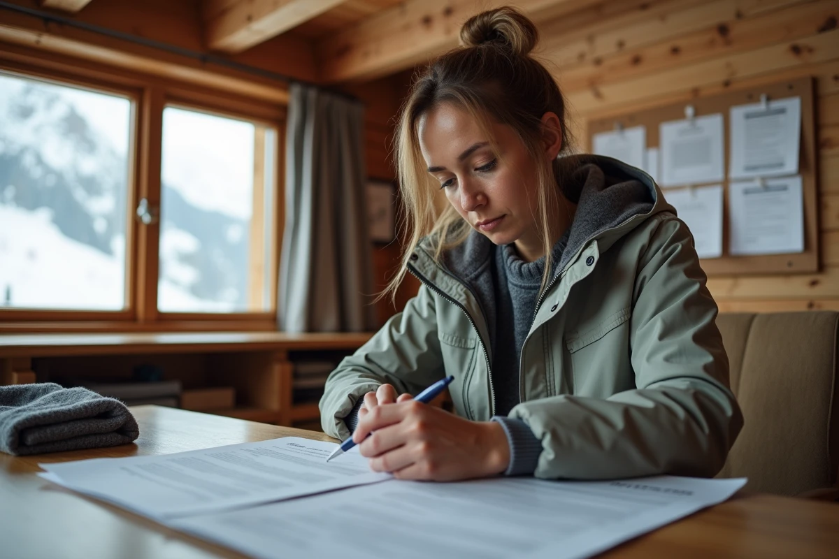 Femme lisant attentivement un contrat d'achat de parcelle en résidence de plein air à la montagne