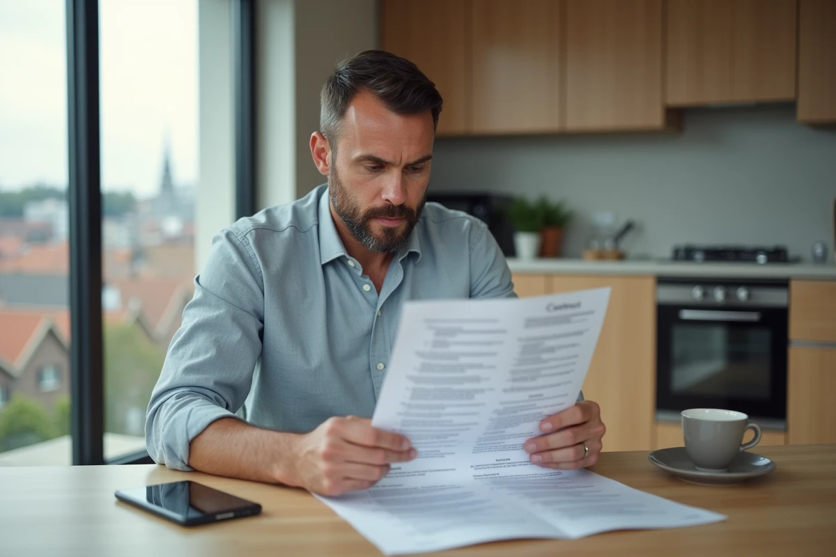 Homme lisant attentivement son contrat de mandat de vente exclusif à domicile avant résiliation