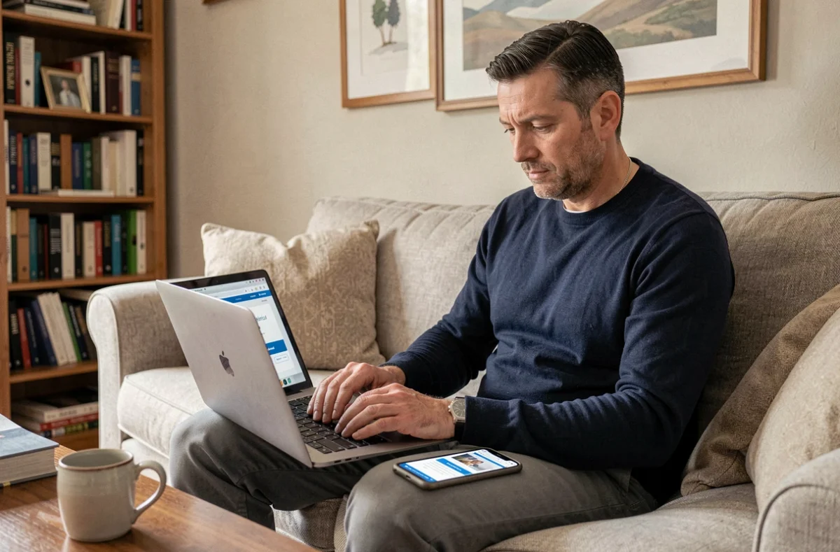 Homme locataire comparant des offres d'assurance habitation sur ordinateur portable dans son salon