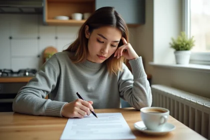 Jeune femme locataire lisant attentivement un contrat de bail à son bureau dans une cuisine d'appartement