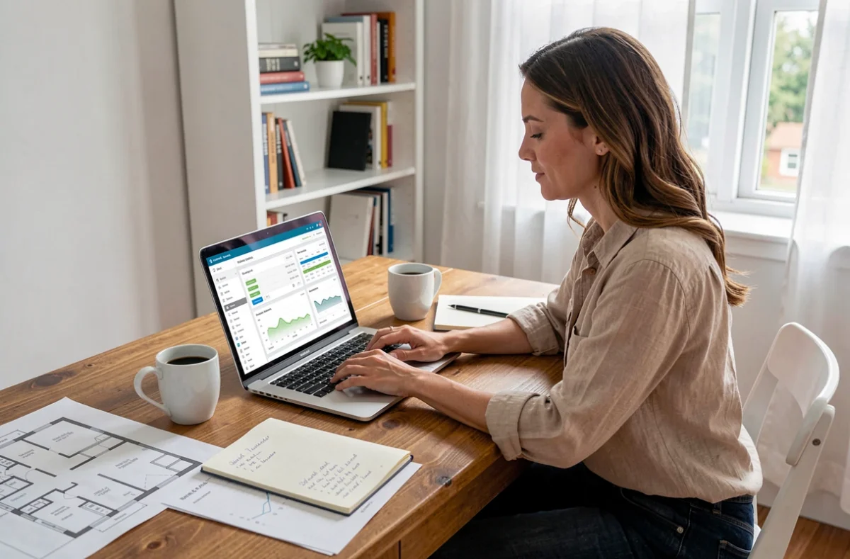 Femme utilisant un logiciel d'estimation immobilière en ligne sur un ordinateur portable dans un bureau à domicile, avec des plans et documents de propriété sur le bureau