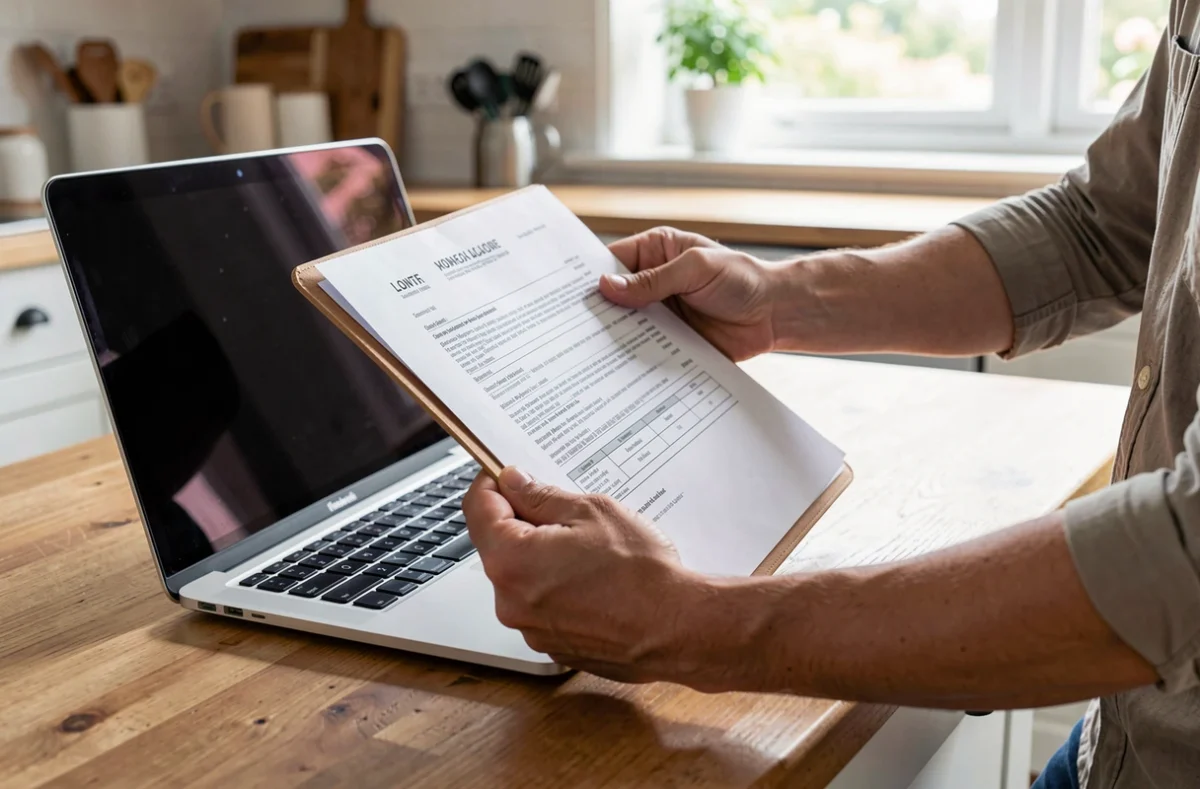 Mains d'un couple tenant un dossier de financement près d'un ordinateur