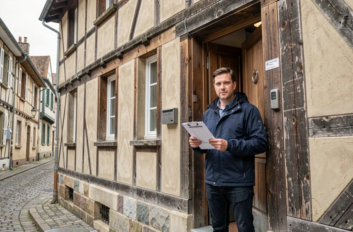 Homme avec un presse-papiers devant une maison à colombages typique du centre-ville de Rouen