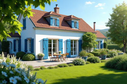 Maison de campagne ensoleillée avec façade blanche et jardin