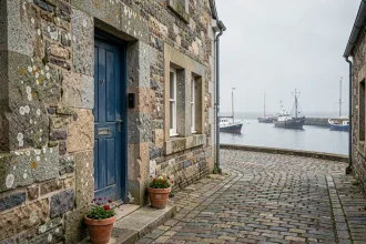 Maison de pêcheur bretonne en pierre avec porte bleue et vue sur le port, typique des biens immobiliers côtiers à vendre en Bretagne