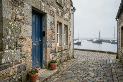 Maison de pêcheur bretonne en pierre avec porte bleue et vue sur le port, typique des biens immobiliers côtiers à vendre en Bretagne
