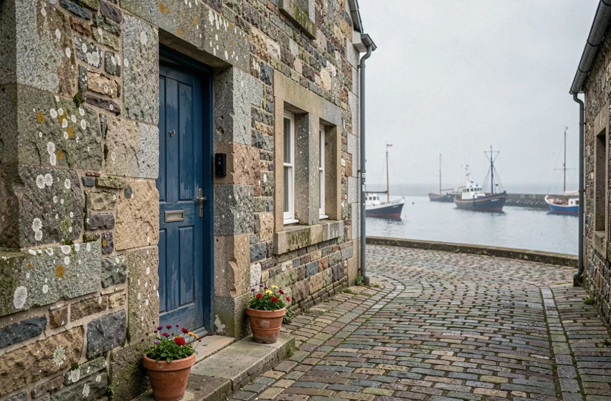 Maison de pêcheur bretonne en pierre avec porte bleue et vue sur le port, typique des biens immobiliers côtiers à vendre en Bretagne