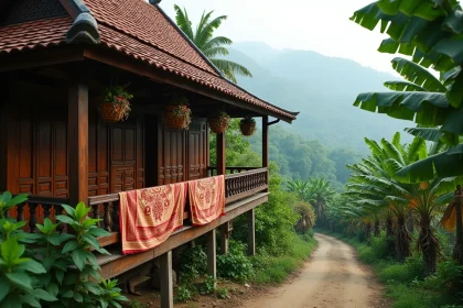 Maison traditionnelle thaïlandaise en bois sur pilotis entourée de végétation tropicale dans un village rural du nord de la Thaïlande