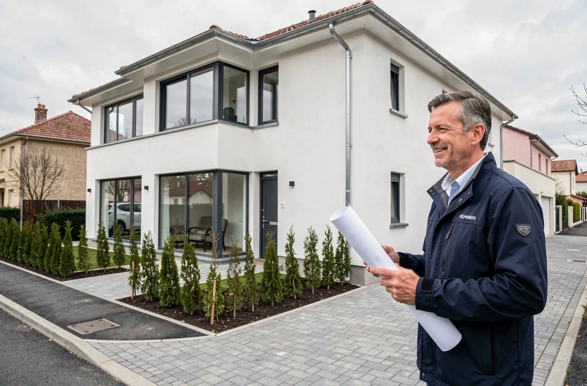 Maison individuelle moderne construite par Arlogis dans l'est lyonnais avec un architecte tenant des plans