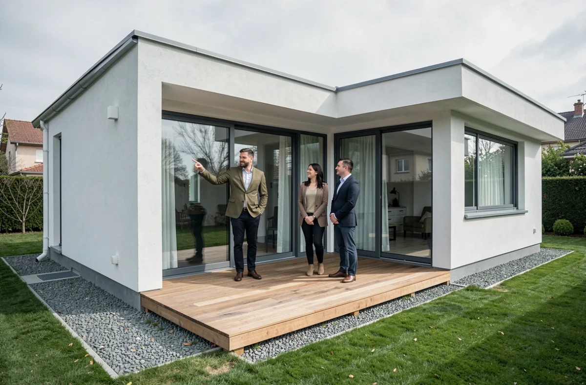 Maison contemporaine avec terrasse construite par Maisons Axial dans la banlieue lyonnaise