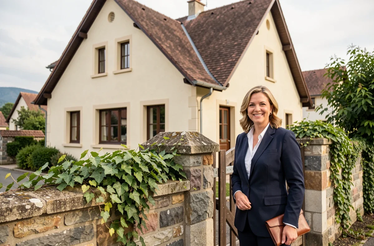 Agente commerciale de Maisons d'en France Rhônalp'ain devant une maison de style traditionnel rhônalpin