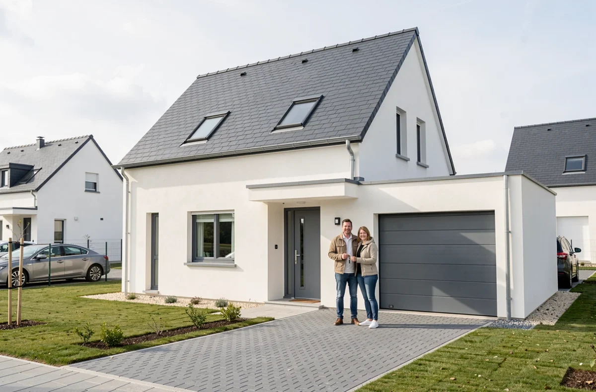 Couple devant leur maison neuve construite par Maisons France Confort dans une zone pavillonnaire près de Lyon