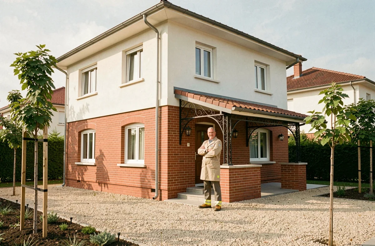 Directeur de Maisons Sorel devant une maison individuelle en brique et enduit dans la région lyonnaise
