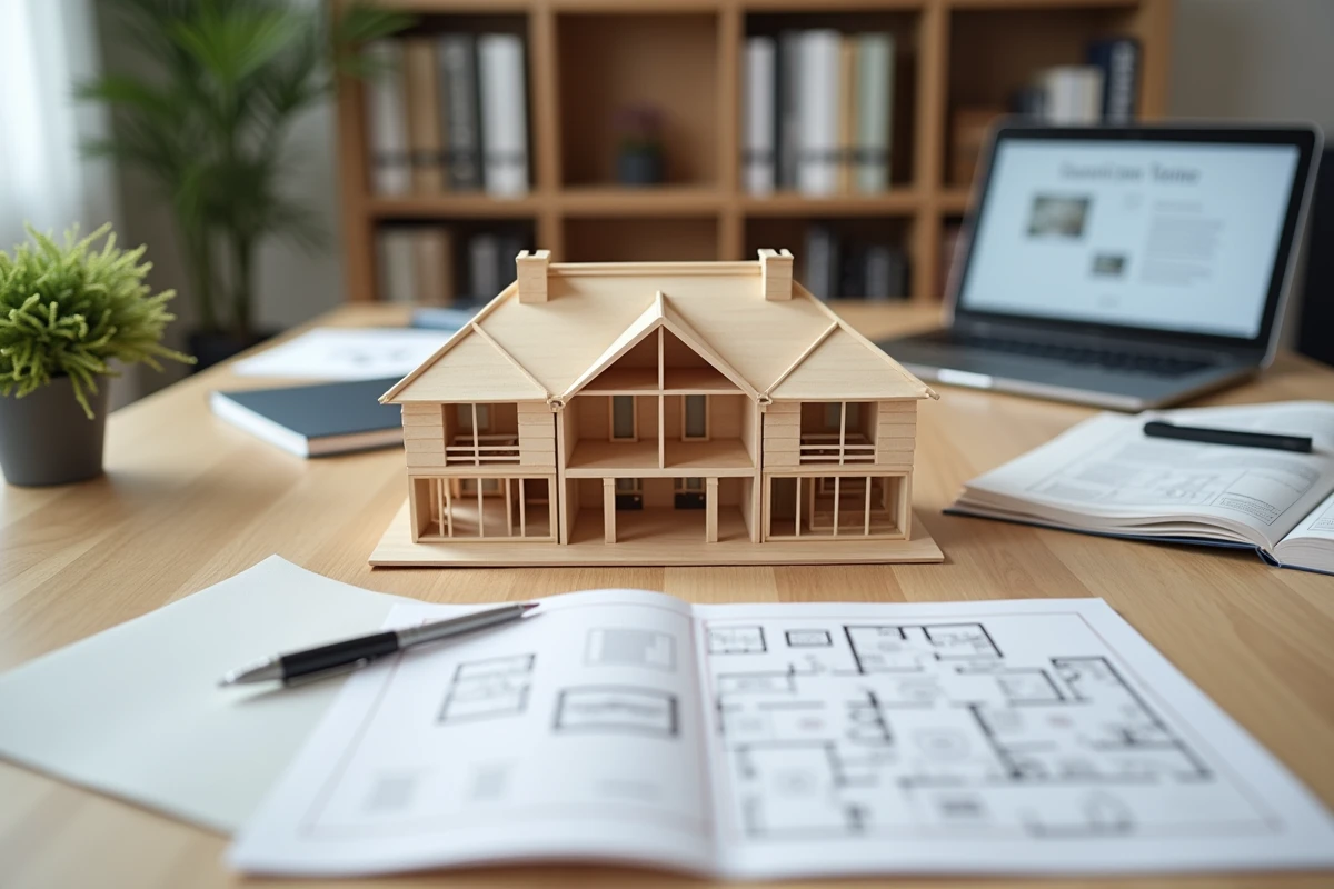 Maquette architecturale de maisons mitoyennes avec garage et documents contractuels sur le bureau d'un promoteur immobilier