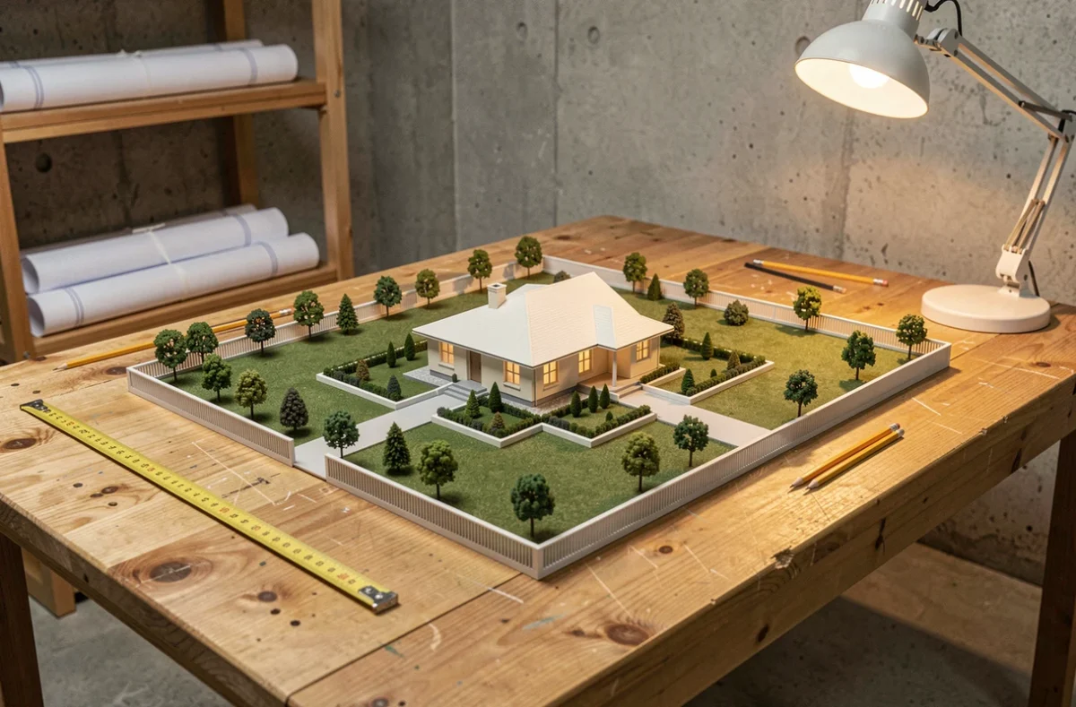 Maquette architecturale d'une maison sur un terrain de 10 000 m² représentant 100 ares posée sur une table de bureau d'études