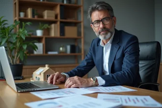 Marchand de biens consultant des documents fiscaux sur la TVA immobilière dans un bureau professionnel moderne