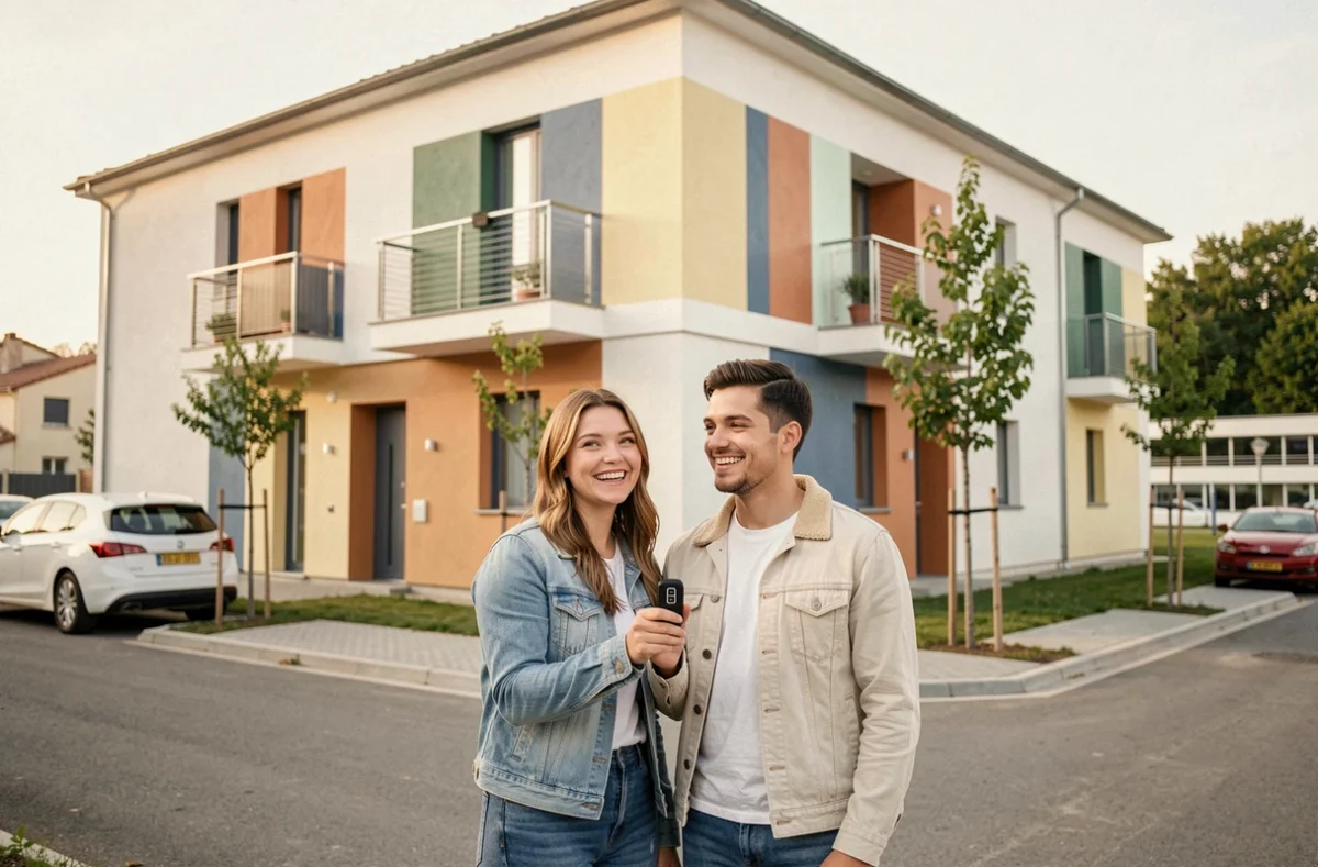 Jeune couple primo-accédant devant leur nouveau logement Marignan dans une résidence neuve en Provence