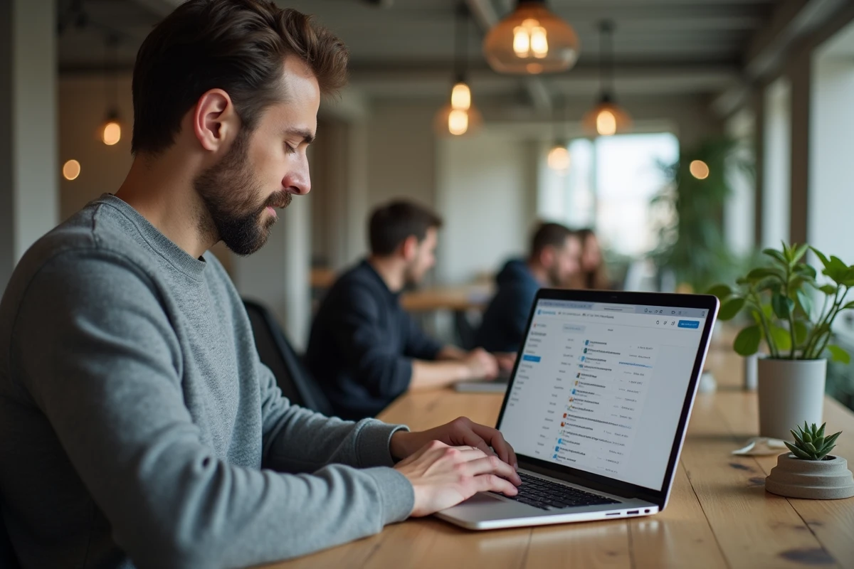 Homme utilisant la messagerie Convergence sur un ordinateur portable dans un espace de coworking à Toulouse