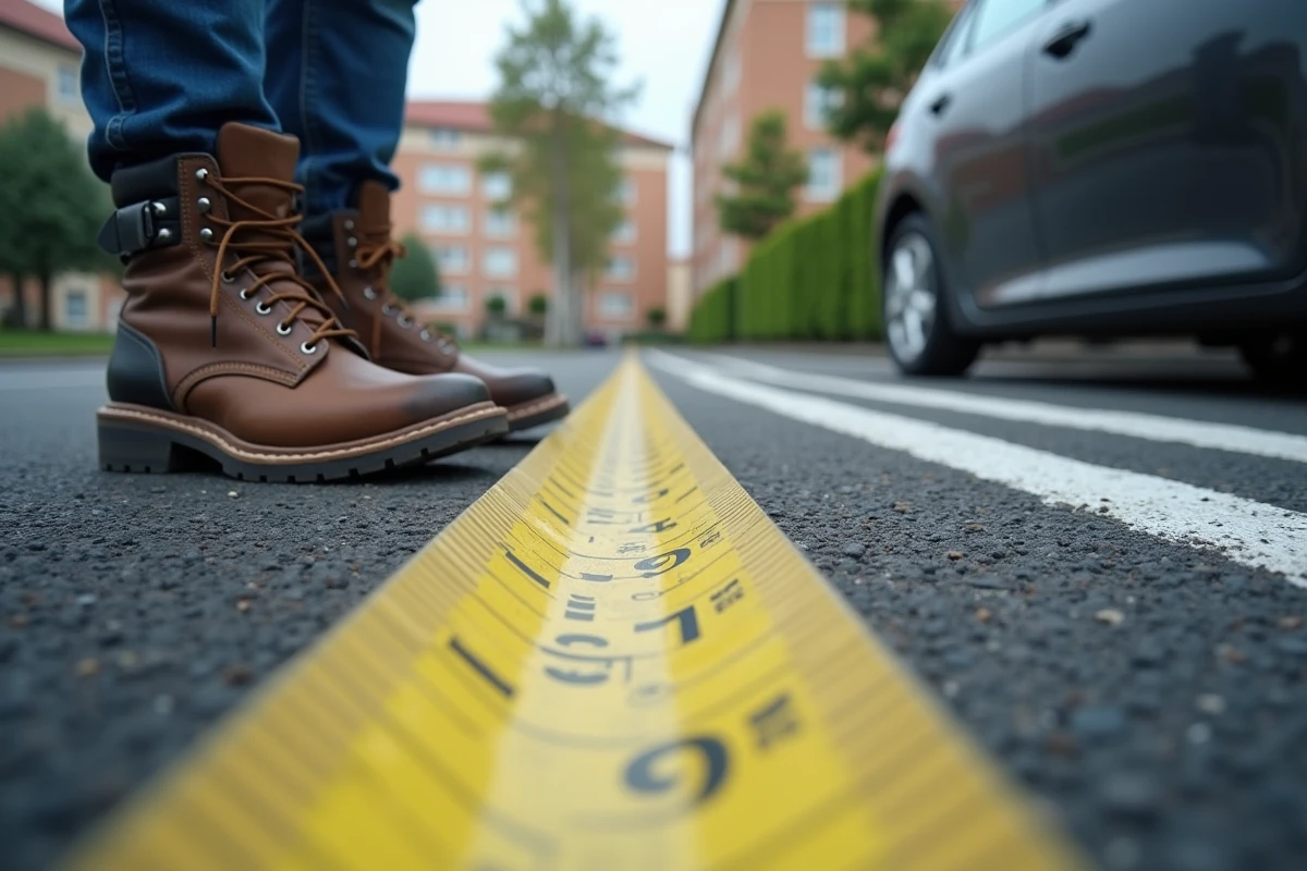 Mesure au sol de la largeur d'une place de parking avec un mètre ruban, illustrant les normes de dimensionnement des espaces de stationnement