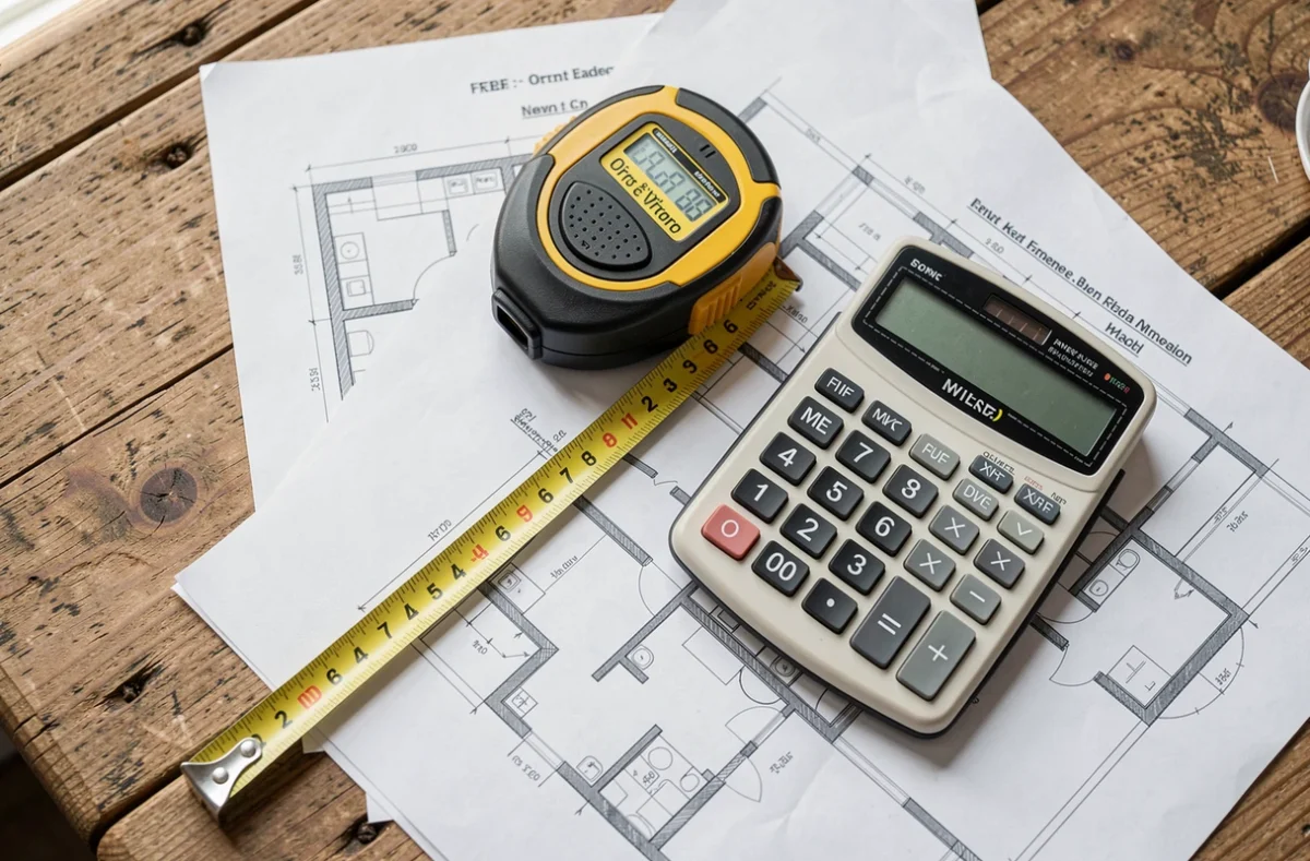 Mètre ruban et calculatrice posés sur le plan d'un appartement