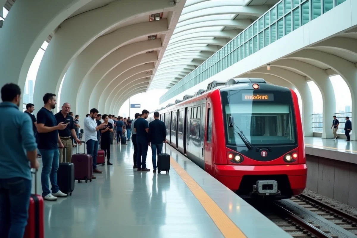 Quai de la station de métro DMCC avec la Tour Almas visible en arrière-plan, des voyageurs attendant le train depuis l'aéroport de Dubaï