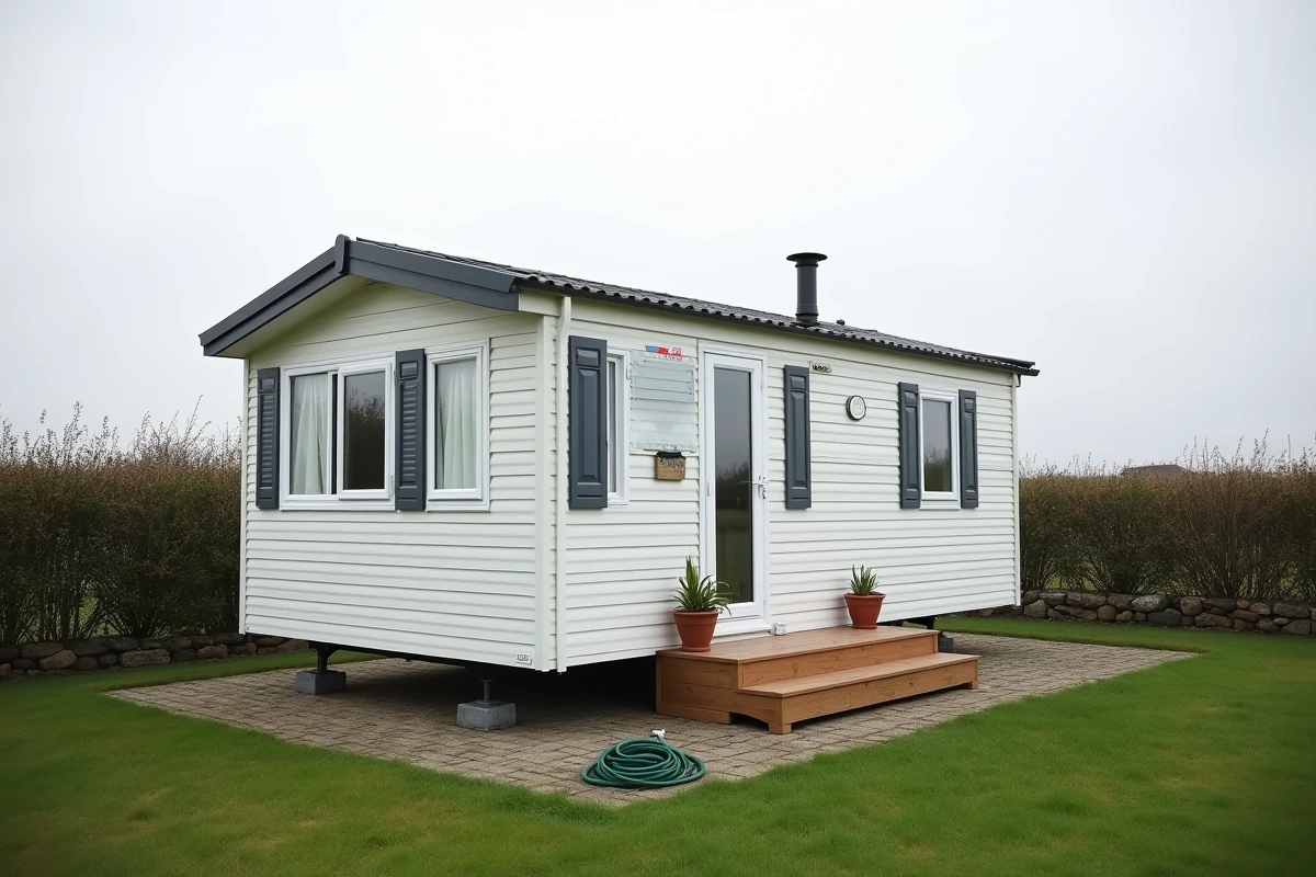 Mobil-home blanc installé sur un terrain privé en milieu rural avec terrasse en bois et jardin aménagé