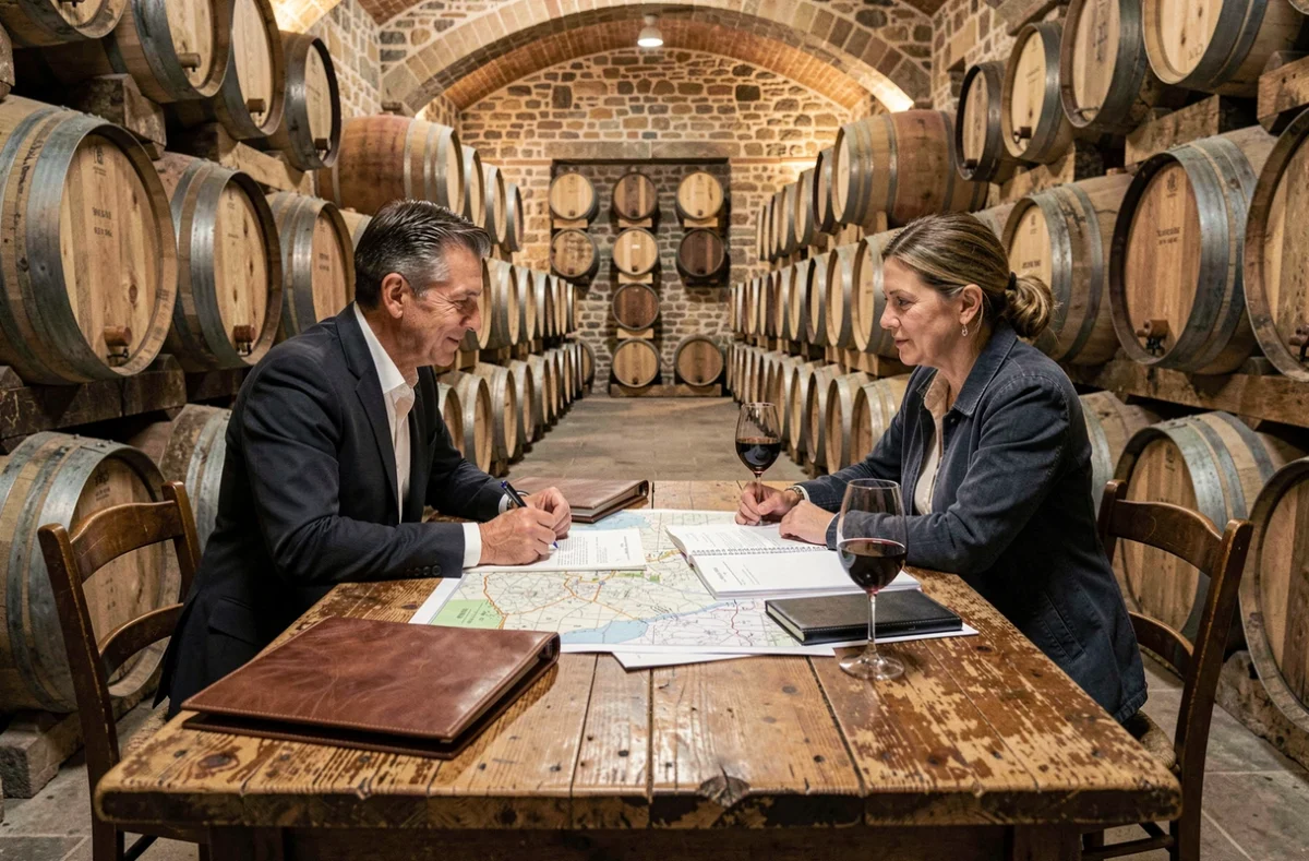 Négociation d'achat d'un vignoble bordelais dans un chai avec contrats et cartes foncières sur une table en chêne