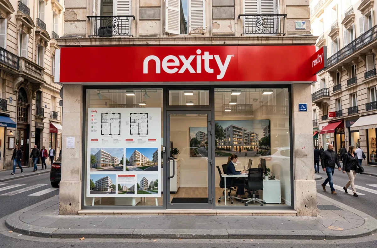 Agence Nexity en vitrine à Marseille avec des plans de programmes immobiliers neufs affichés